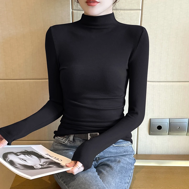 加绒半高领打底衫女内搭秋冬2025新款可外穿磨毛保暖洋气欧货上衣