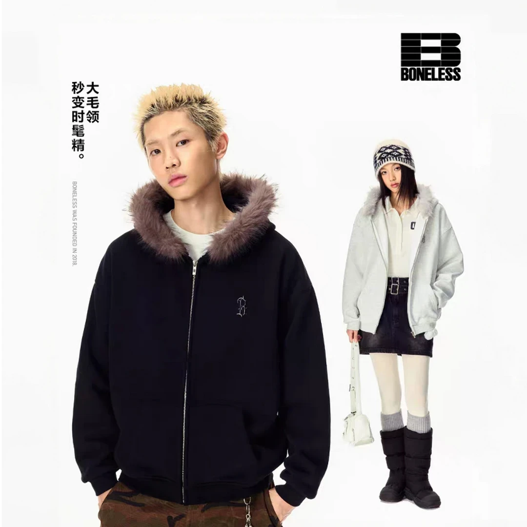 BONELESS金属哥特B毛领连帽开衫卫衣秋冬宽松休闲不可拆卸毛领
