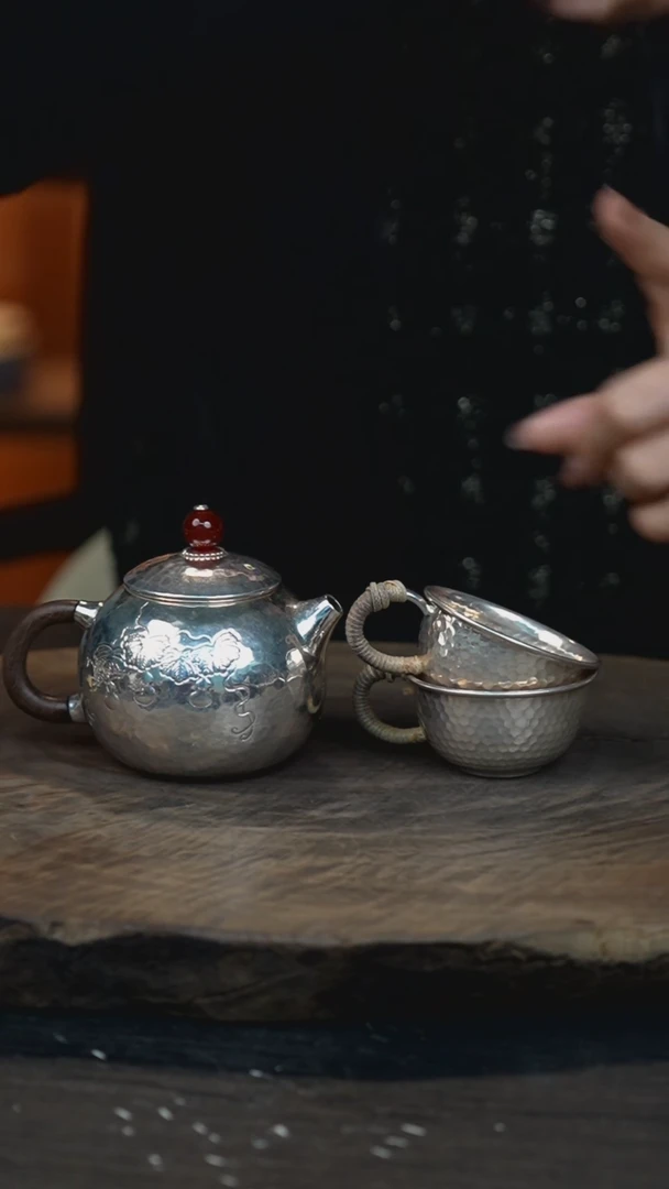 手作檀木999葫芦西施壶款家用泡茶银壶+二银杯