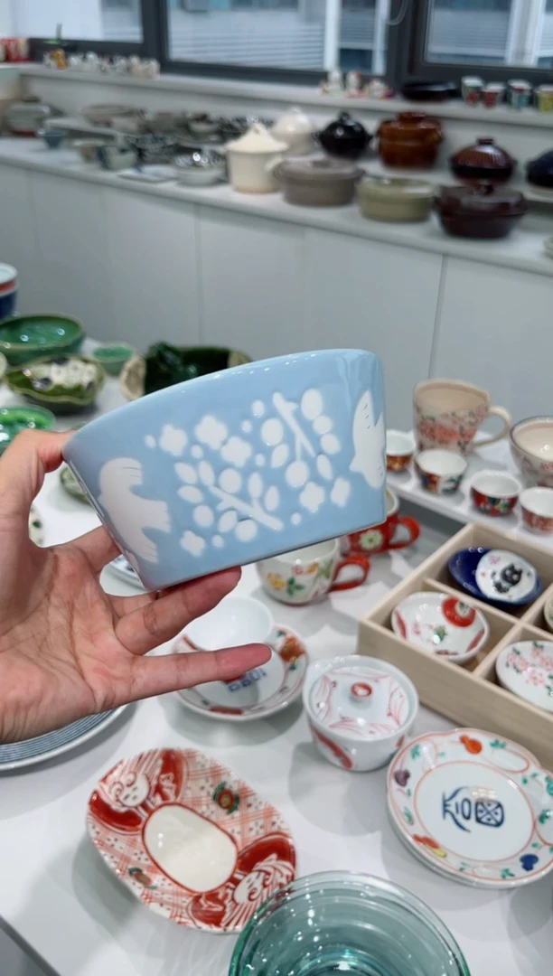 瓷片飞鸟平底碗（浅蓝）