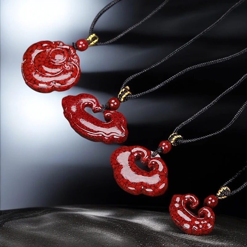 天然辰砂天然原矿晶体砂祥云如意平安锁吊坠朱砂挂件本命年蛇保真