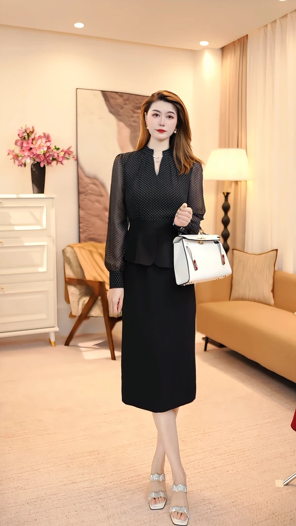 优雅职业显瘦气质时尚秋季裙长袖连衣裙拼接轻奢 86052