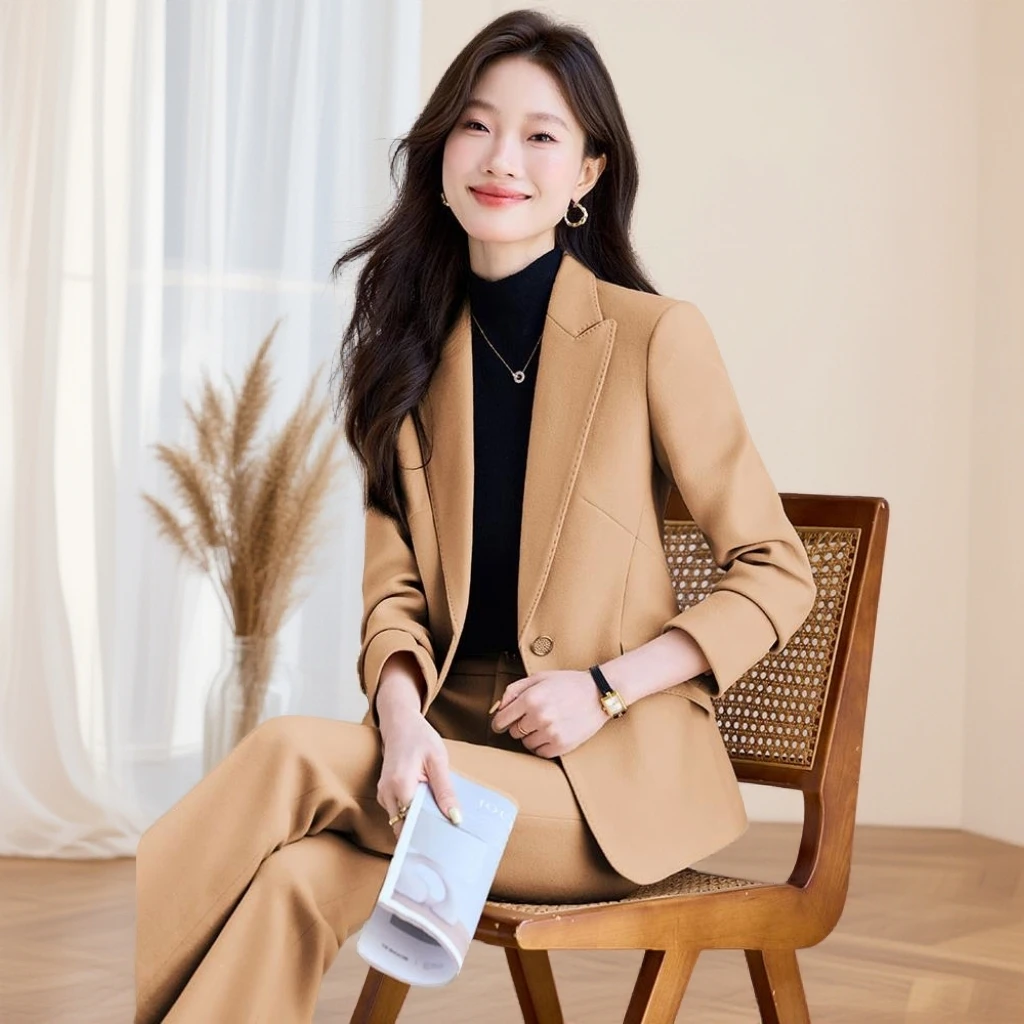 卡其色毛呢西装套装女2025新款秋冬高级感气质小个子休闲西服外套