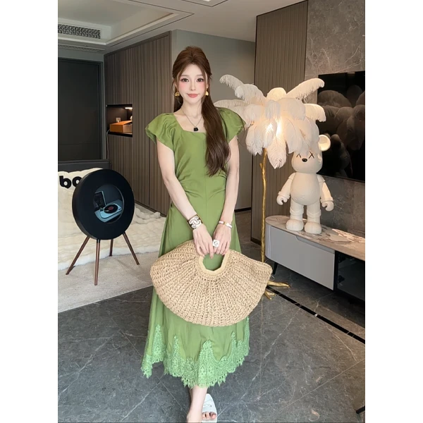 夏季新款天丝亚麻减龄气质蕾丝拼接收腰显瘦长裙女老钱风连衣裙