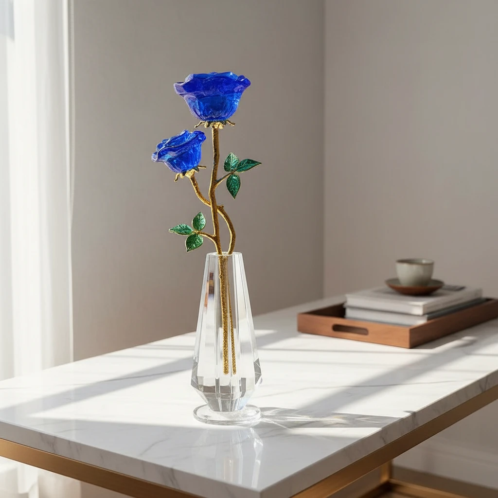 1（璀璨）水晶唯美蓝色双头玫瑰花适合卧室客厅玄关网红摆件（高29）