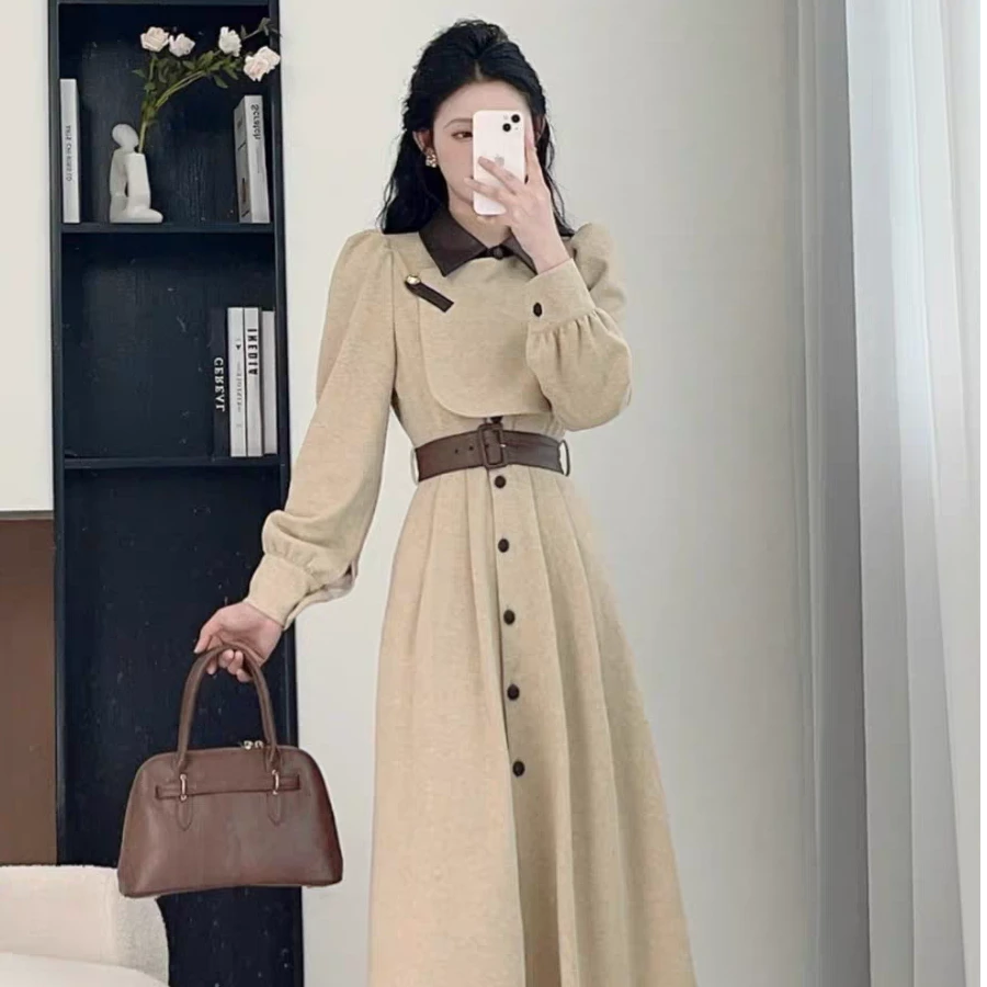 （80-200斤）大码胖mm2025秋季新款法式长袖翻领收腰连衣裙女1959