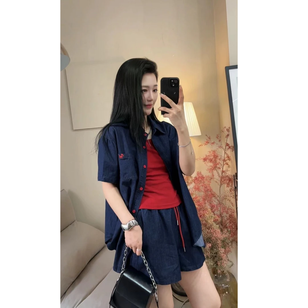 韩系三件套女无袖吊带外搭单排扣翻领牛仔开衫搭高腰直筒阔腿短裤