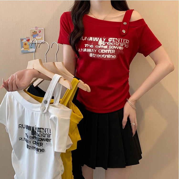 HH1756专享大码MM夏季新款露肩短袖显瘦短款T恤修身百搭小众上衣