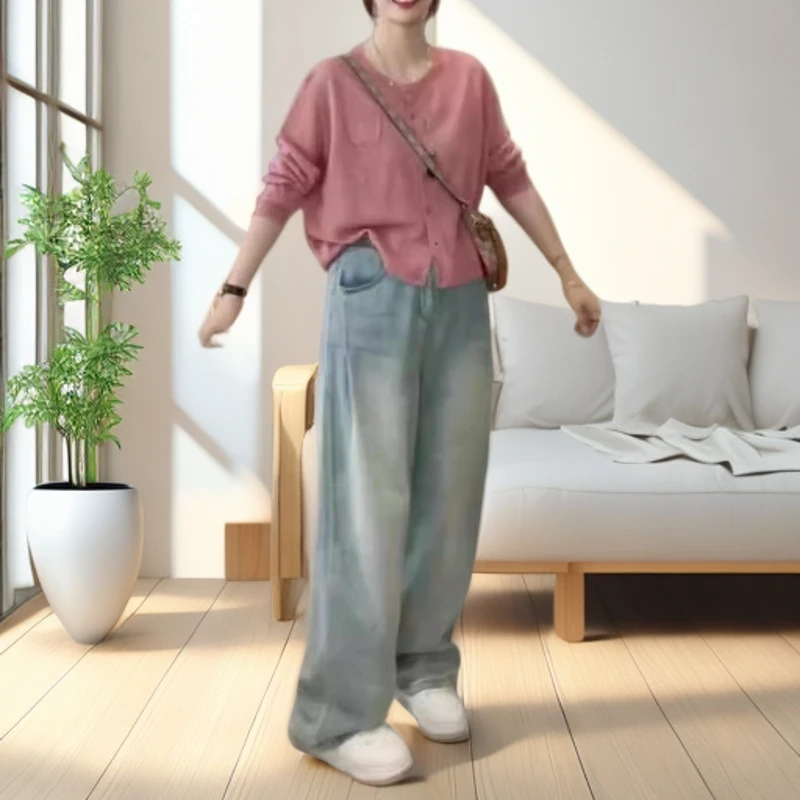 2025秋季新款休闲时尚气质长袖上衣洋气百搭直筒牛仔裤显瘦减龄女