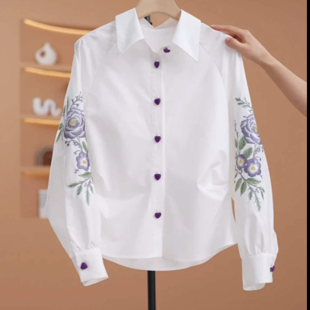 设计感重工刺绣衬衫女春季2025新款长袖上衣打底衫百搭白色衬衣
