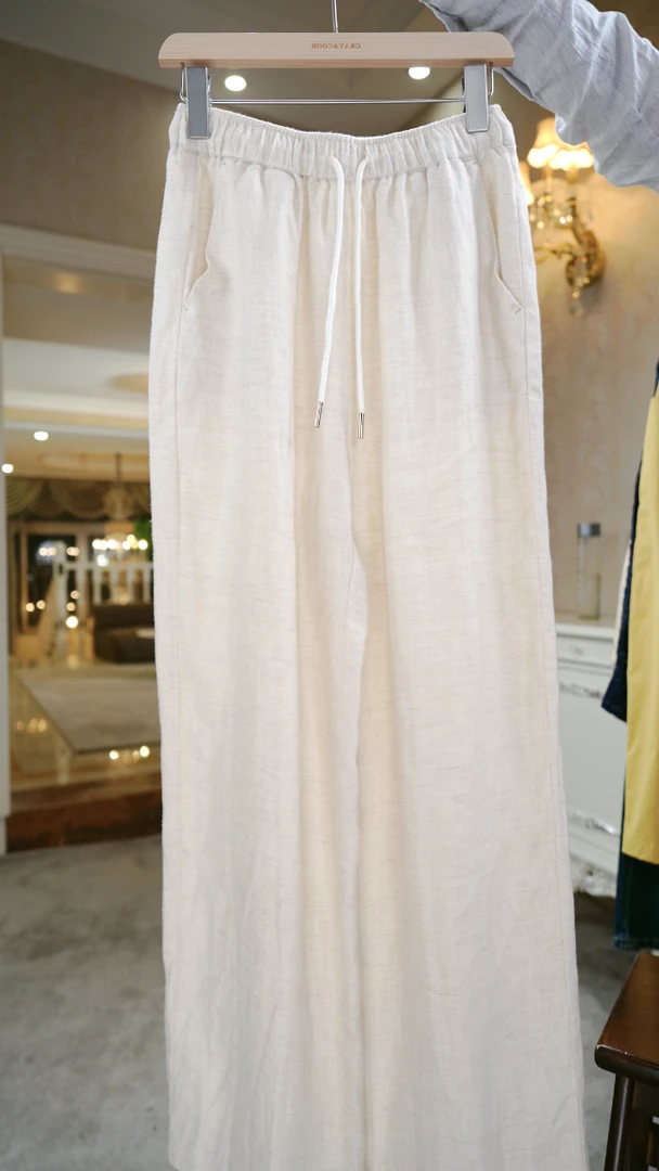 春夏薄款慵懒时尚高级感人字纹亚麻直筒裤女款GC58805