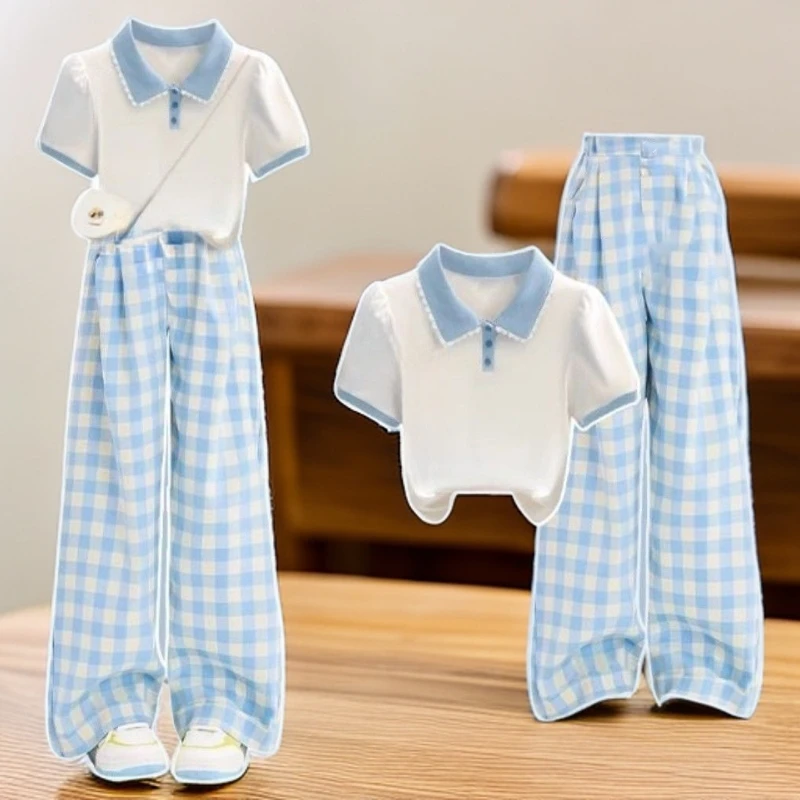 女童夏季阔腿裤套装2025新款短袖洋气中大童格子休闲裤夏装两件套