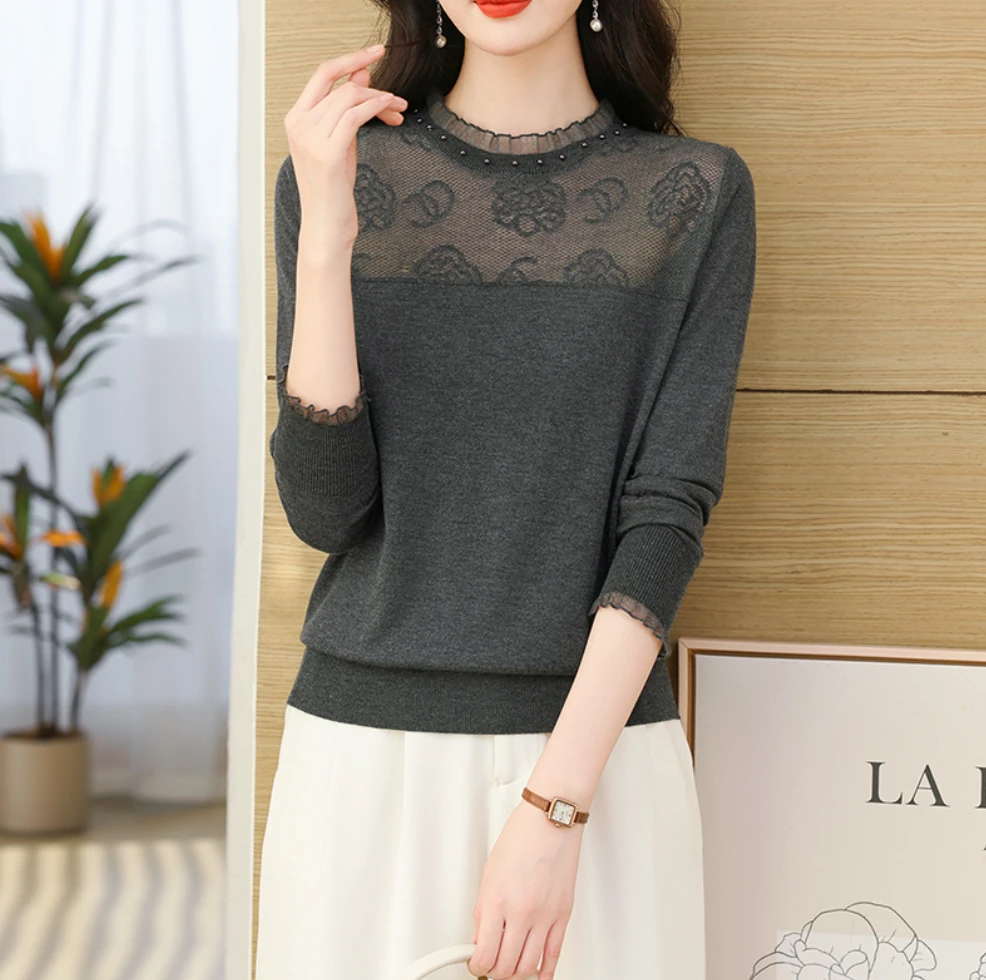 女士2025新款洋气木耳领蕾丝小衫钉珠上衣服针织打底衫保暖