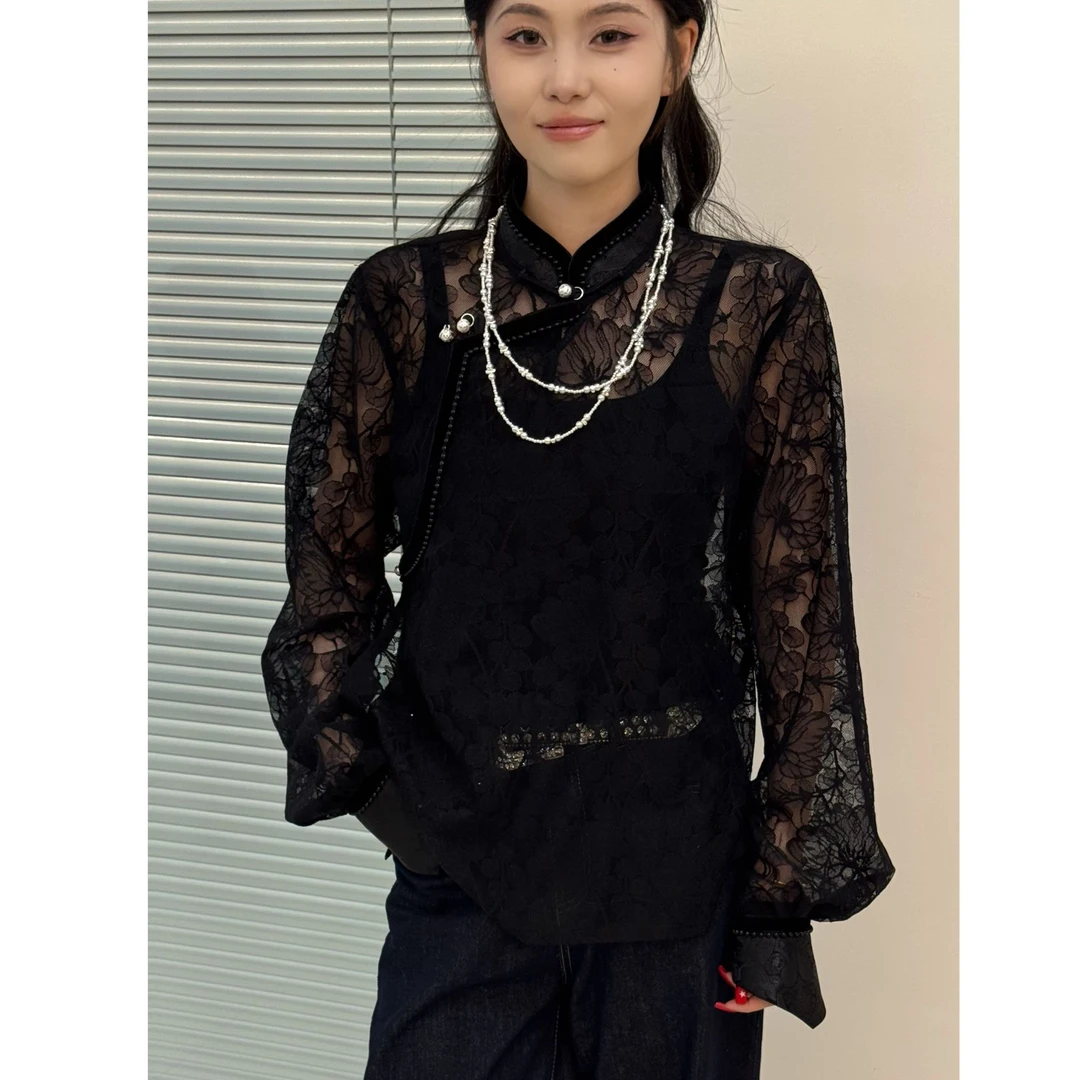 【卓日雅】7751原创设计款网纱衬衫改良款蒙古服饰长袖纯色气质