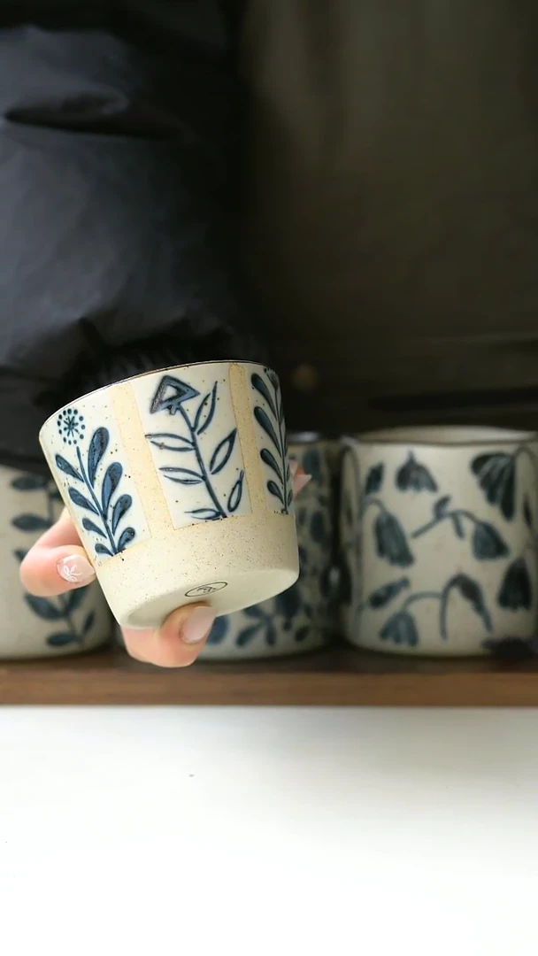 【闪购商品】陶瓷粗陶手绘百草花猪口杯220ml@4-2@