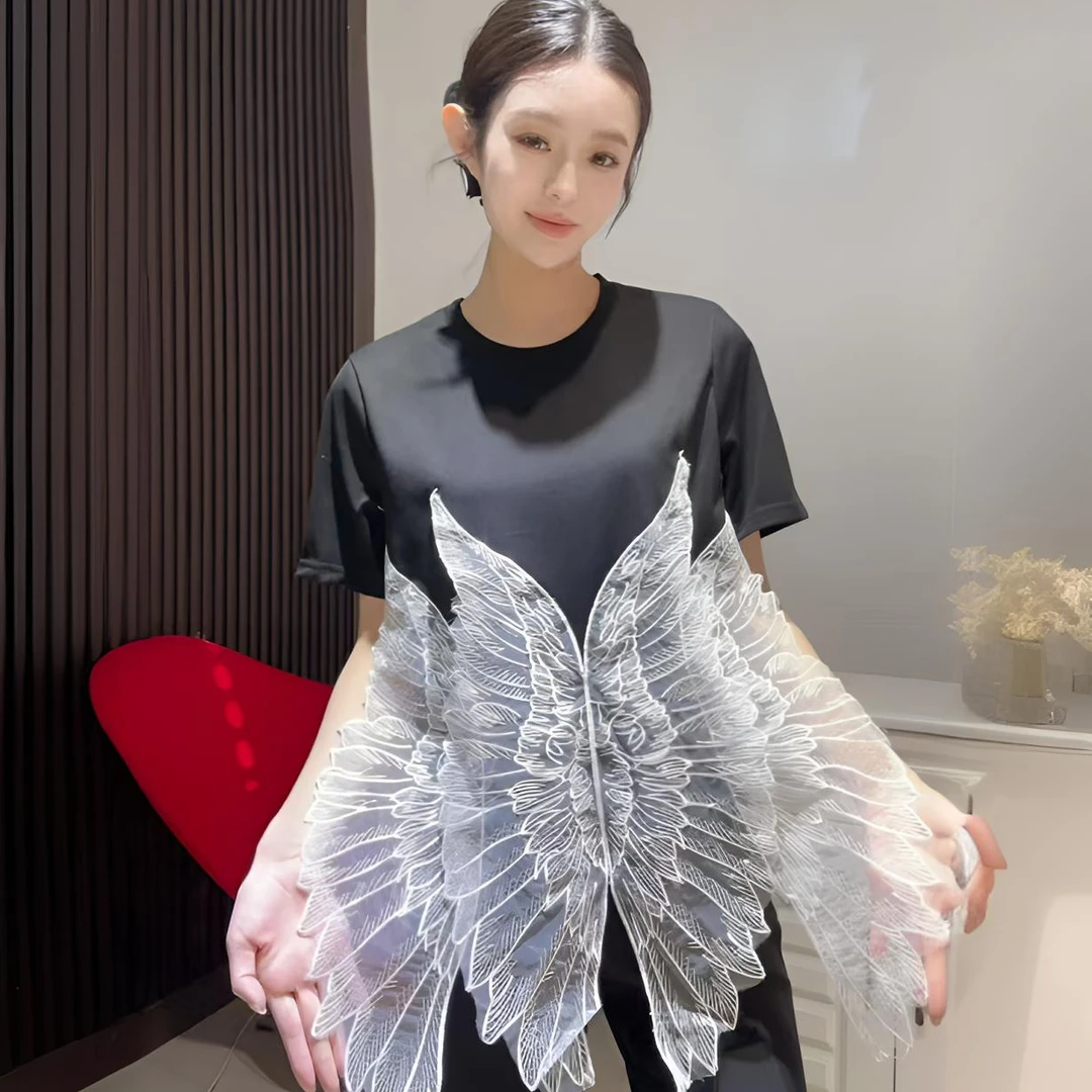 889欧货设计师款刺绣羽毛仙仙洋气半袖