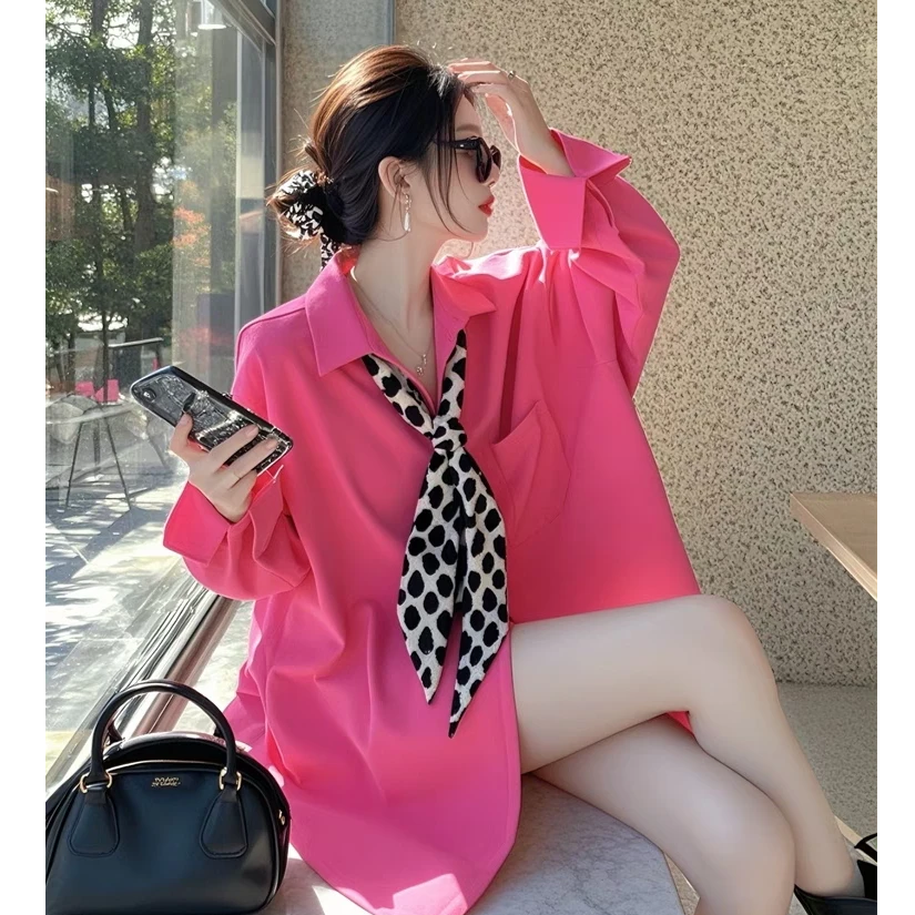 今年流行爆款洋气别致时髦设计感红色领结长袖衬衫女春季（送丝巾）