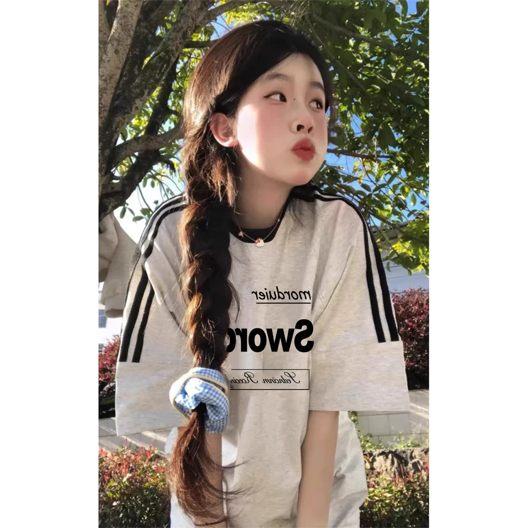 HSNP纯棉美式三条杠插肩短袖t恤女夏季潮牌重磅宽松百搭半袖上衣