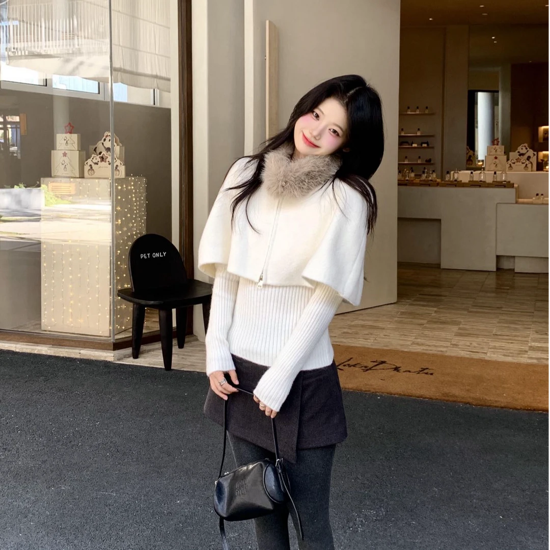 可拆卸毛领斗篷披肩+针织打底衫两件套女秋冬韩系显瘦半裙三件套