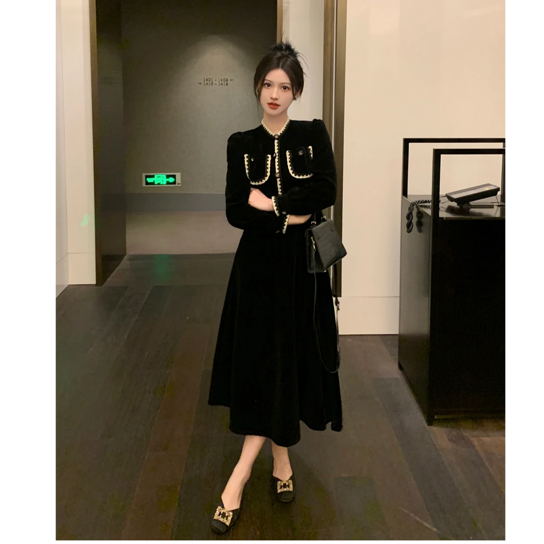 3538大码女装黑色金丝绒连衣裙女胖mm高级感收腰显瘦气质长裙2788