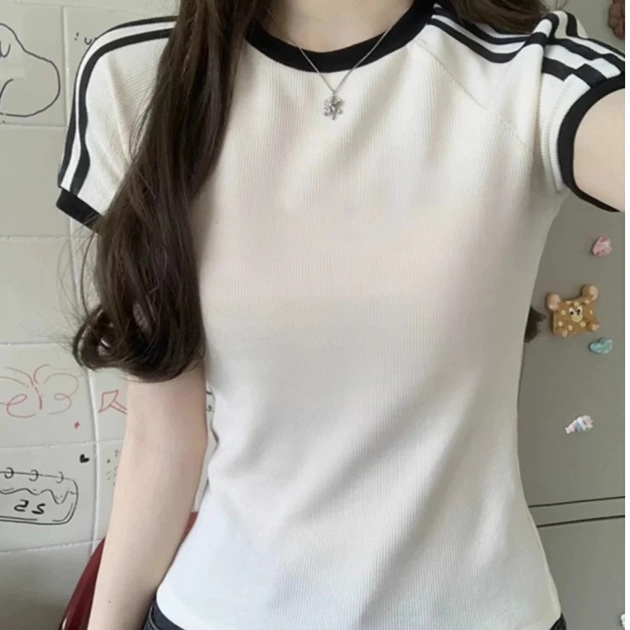 夏季新款美式复古圆领三条杠插肩短袖t恤女潮牌辣妹通勤纯棉上衣