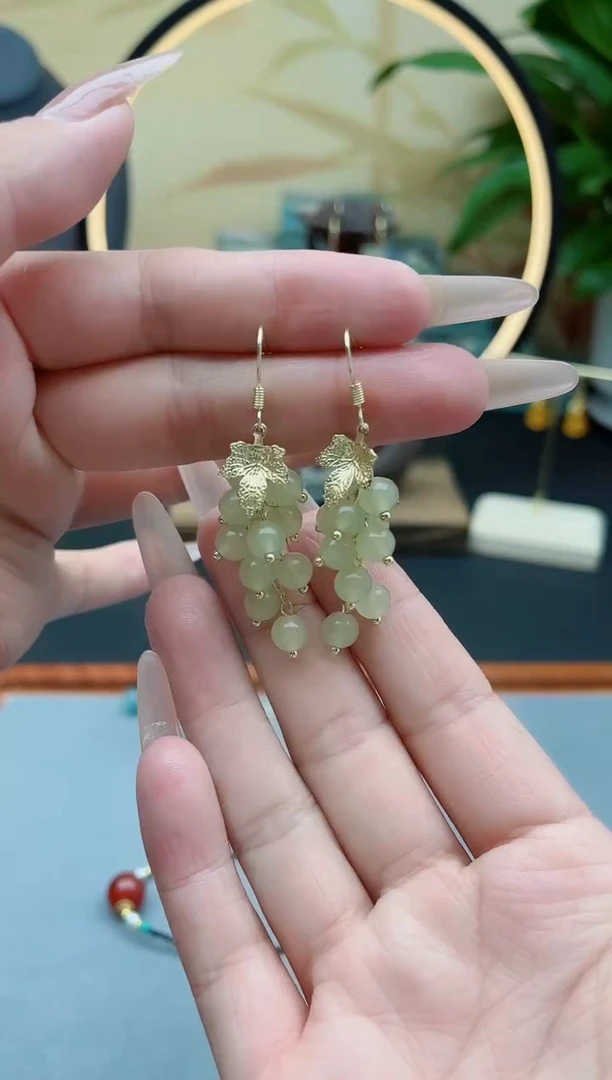 东陵石银S925镶嵌耳饰00葡萄青色