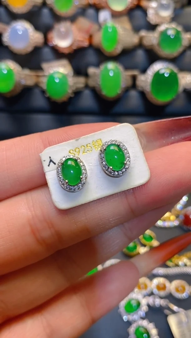 翡翠银S925镶嵌耳饰天然