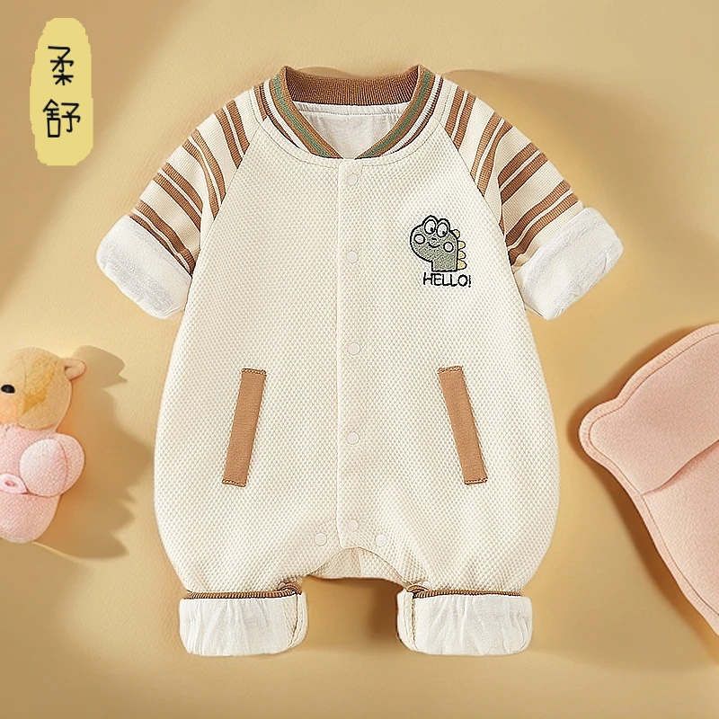 婴儿春秋新款双层A棉通用睡袋宝宝卡通恐龙可爱连体衣外出哈衣
