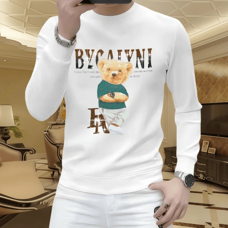 欧洲站秋冬烫钻长袖百搭卫衣套头圆领男士休闲潮流修身套头打底衫