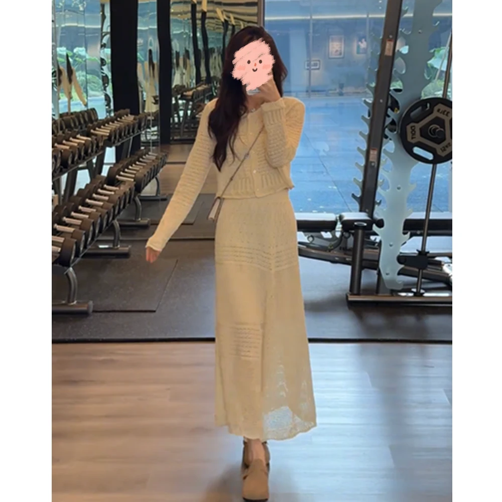春季新款法式温柔风镂空钩花针织开衫上衣+高腰半身裙时尚两件套