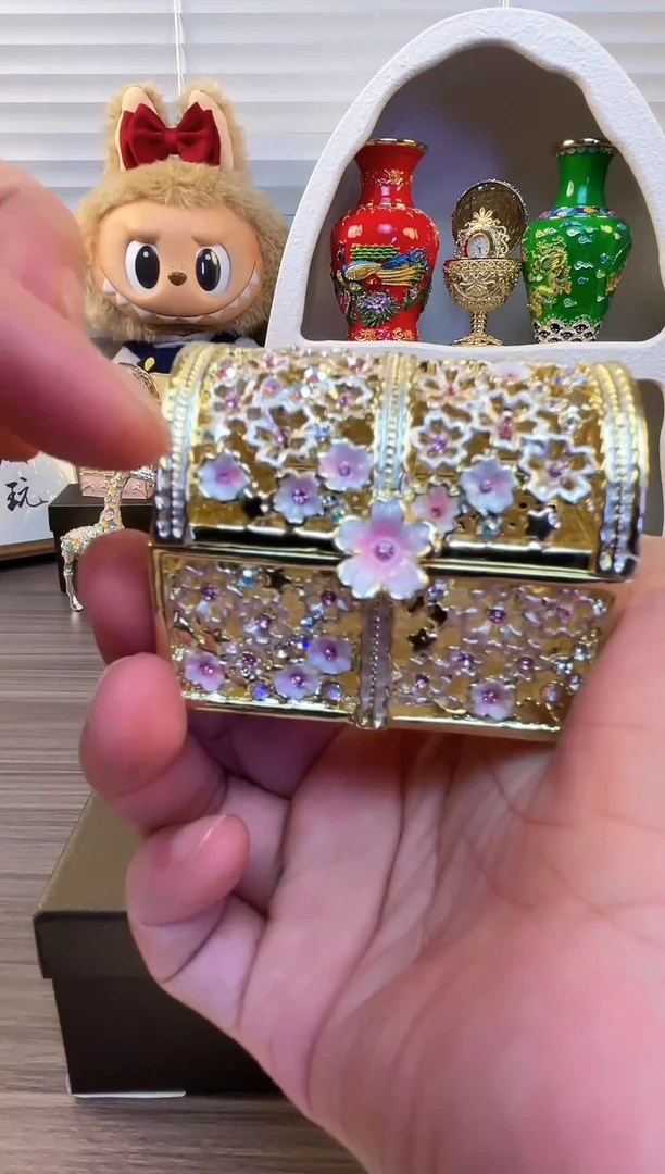 七宝烧珐琅彩 首饰盒复古小摆件 送人送礼个人收藏镂空樱花百宝箱