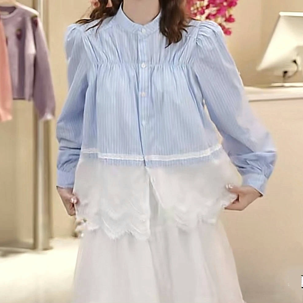 拼接下摆蕾丝衬衫2025春季新款法式高级感设计感气质褶皱时尚衬衣