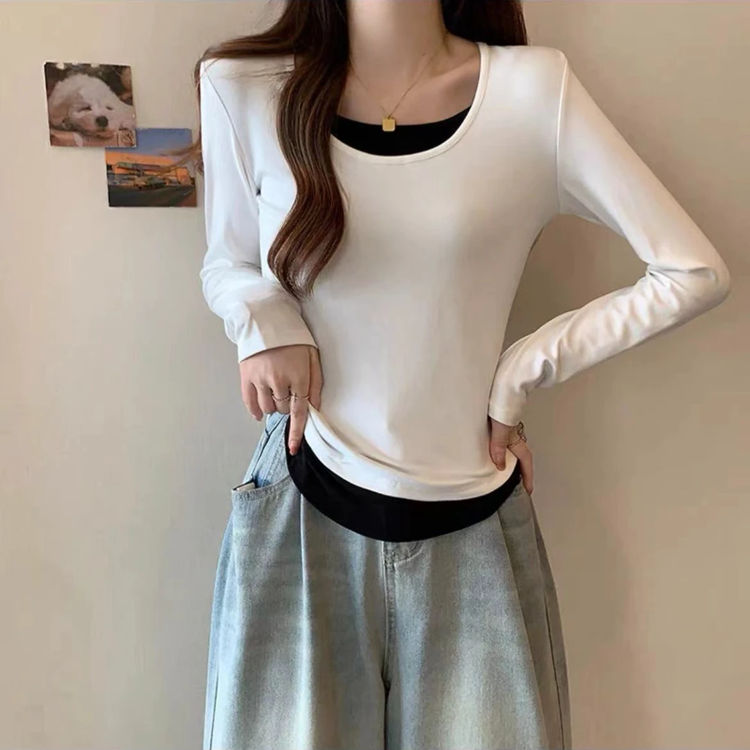 7753-假两件莫代尔长袖T恤（白色）