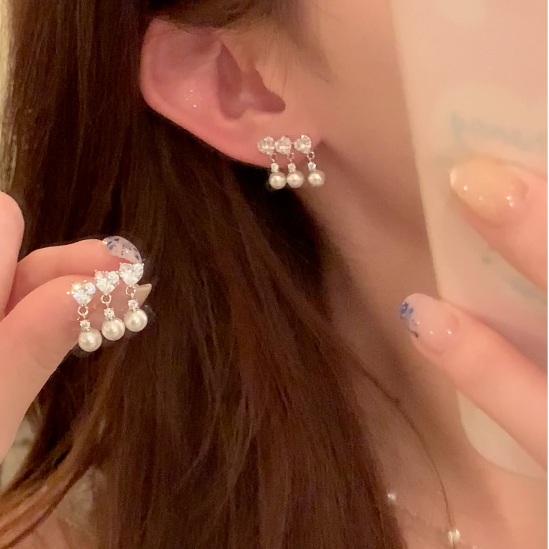 铜合金锆石耳饰 春夏轻奢闪锆爱心流苏珠珠耳环女设计感耳针耳饰