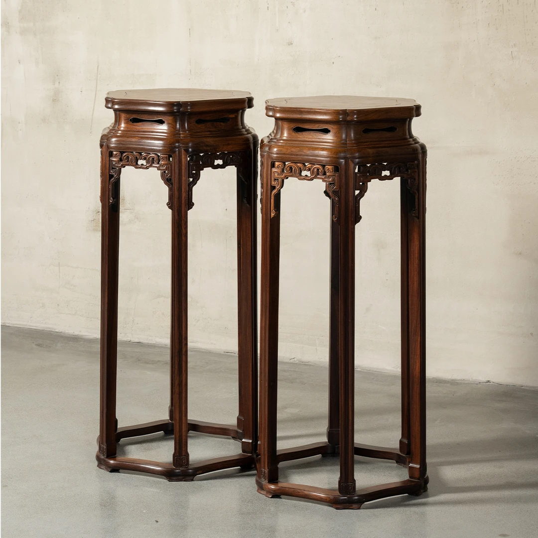 清代红木镶瘿木带托泥六角花几（一对）明清古董家具大红酸枝花架