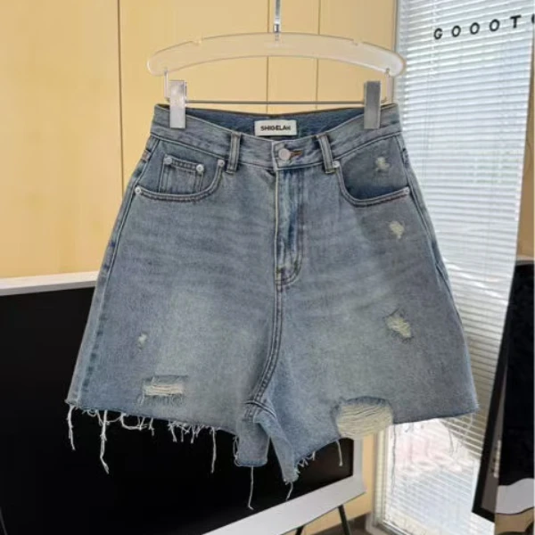 诗歌兰2025夏季新款女装欧货显瘦时尚百搭高腰破洞牛仔短裤