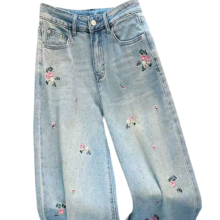 阔腿裤春季长裤高腰绣花显瘦牛仔裤女薄款春秋刺绣夏季百搭春夏