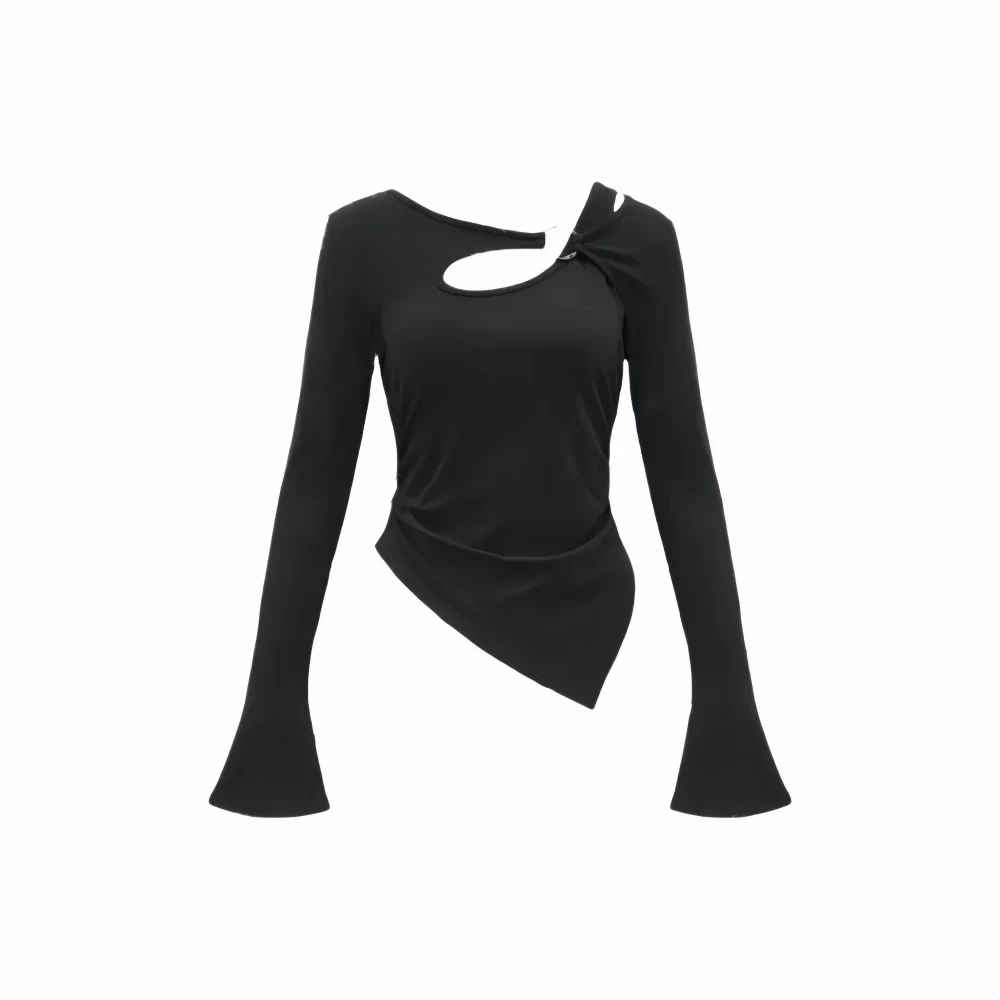 大码气质不规则设计感长袖t恤女春季胖mm收腰修身显瘦甜辣小上衣