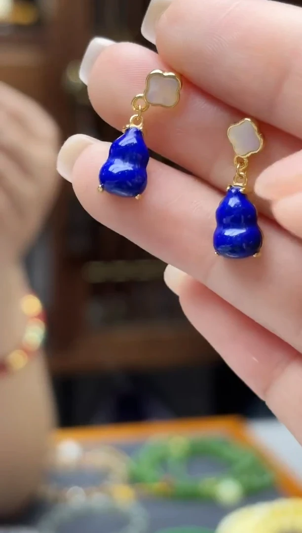 银S925镶嵌青金石耳饰s925银青金石葫芦耳钉SH