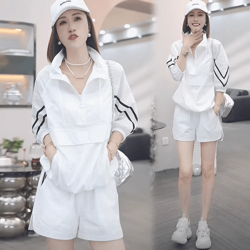 时尚薄款短袖阔腿裤两件套女2025夏季新款轻奢设计感户外运动套装