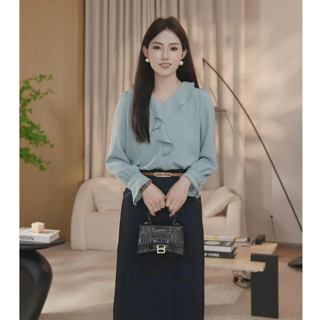 【曼贝】新款气质轻奢长袖衬衣百搭洋气时尚女士衬衫8591033【娜娜】