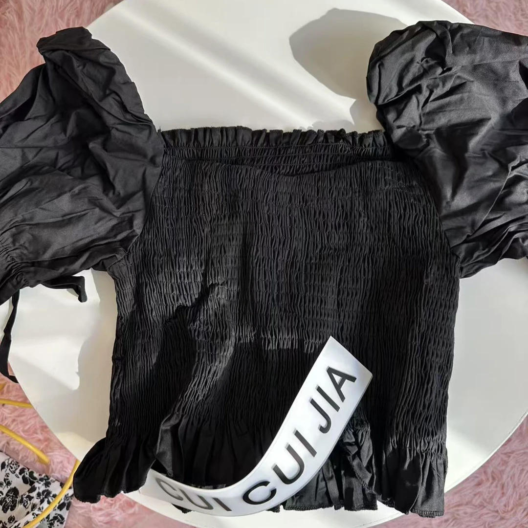 女装气质泡泡袖甜美清新抽绳褶皱衬衫套头长袖通勤