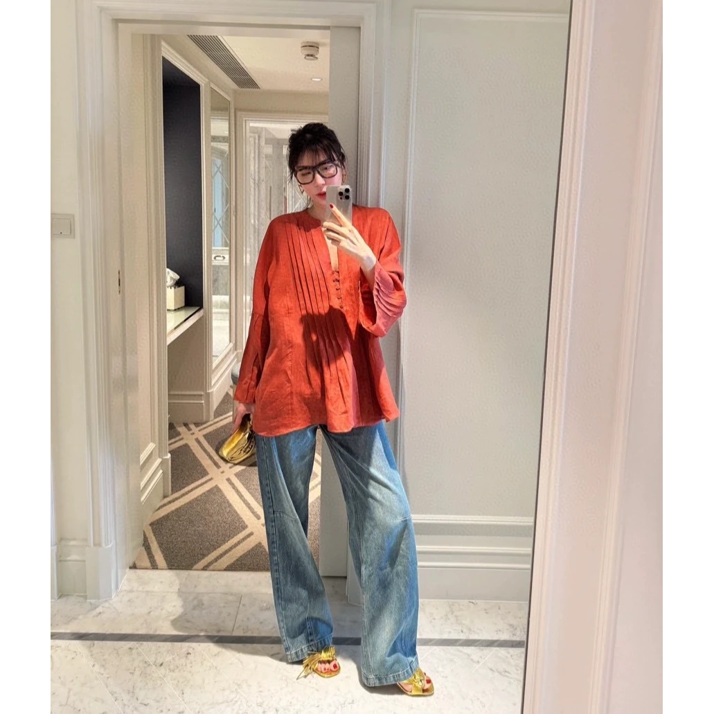 【GELINA】2025年春夏新中式宽松V领压褶苎麻衬衫长袖衬衣女0776