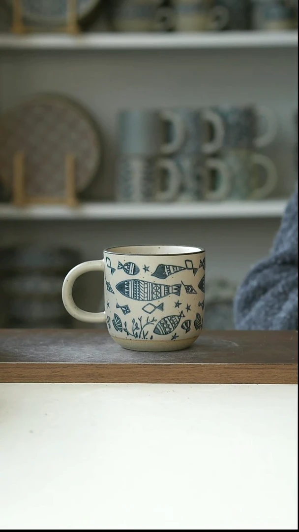 陶粗陶海底世界咖啡杯240ml@7-7@