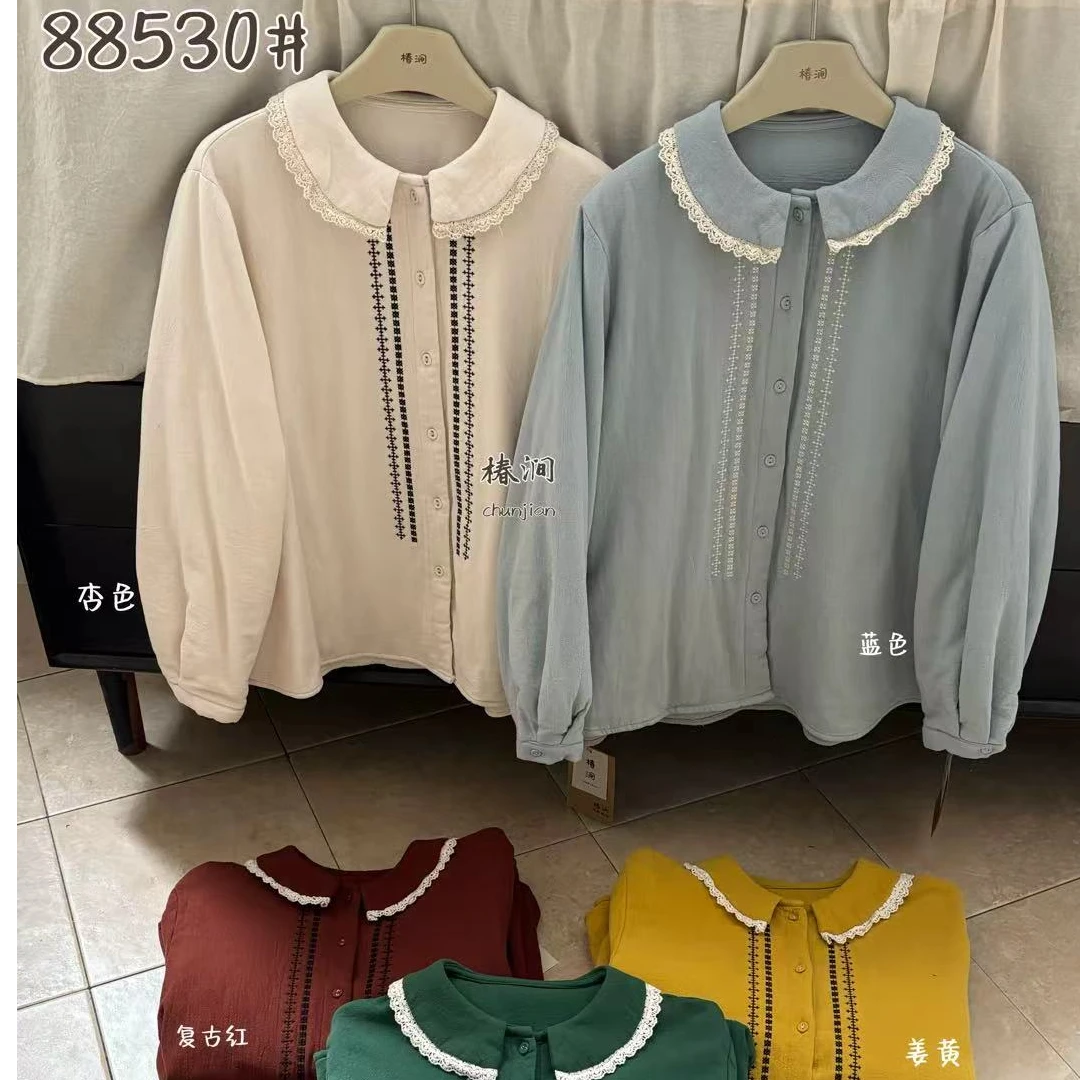 「椿涧」蕾丝翻领拼接夹棉衬衣