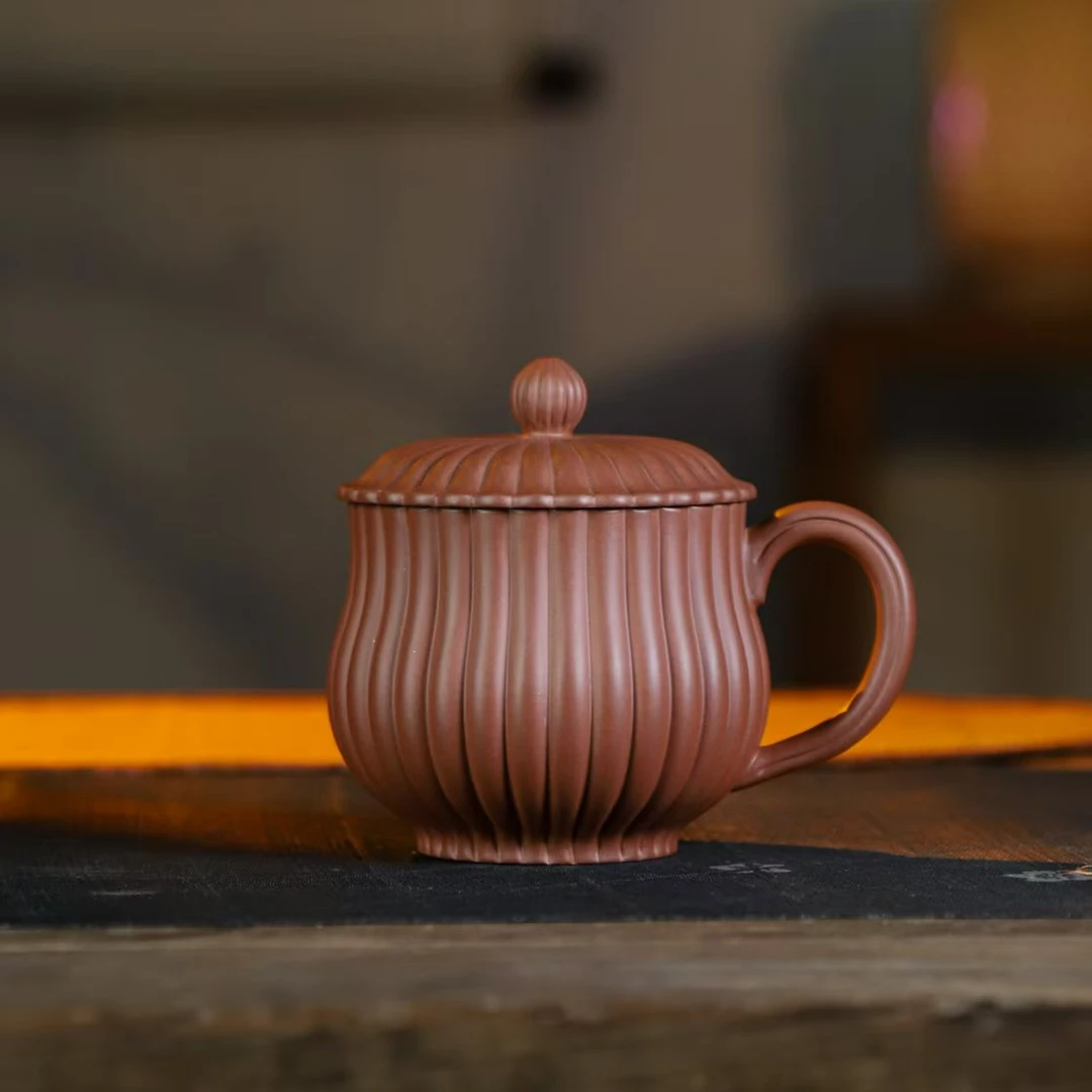 宜兴紫砂筋纹盖杯中式手工茶杯带盖带把办公室喝茶实用茶杯