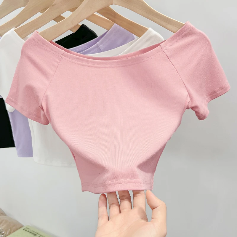 粉色一字领短袖t恤女小个子短款修身高腰露肩夏季打底上衣一字肩