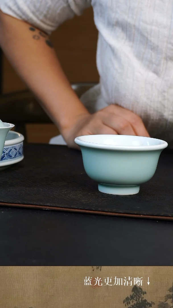 杯子陶瓷 景德镇窑1728柴窑烧制 高温颜色釉 隐青 压手杯