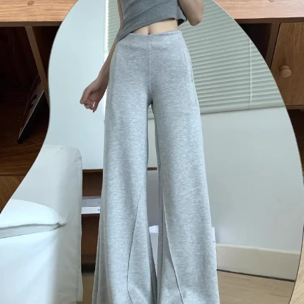 美式灰色运动微喇裤女秋季新款高腰显瘦宽松卫裤西装腰阔腿喇叭裤