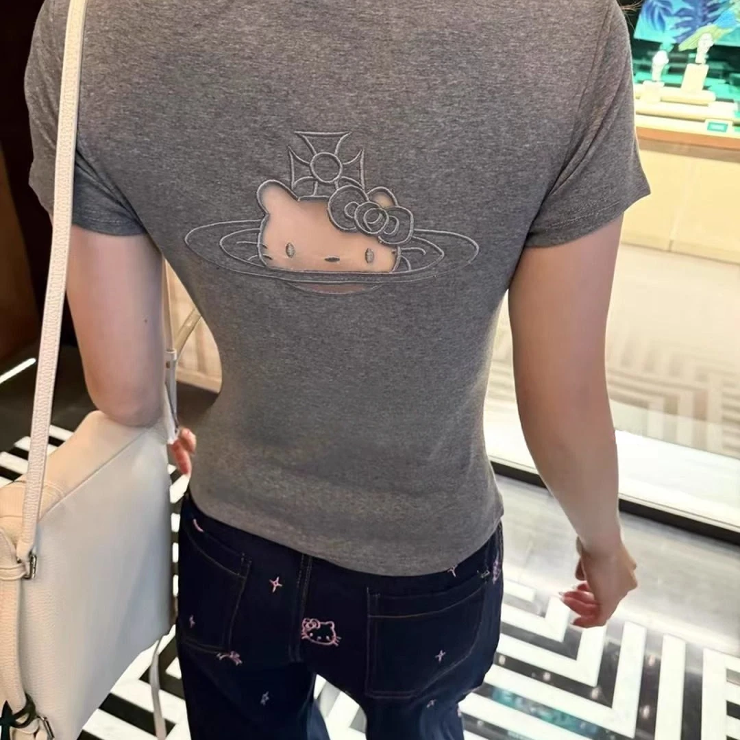 【果盟】纯欲灰设计感镂空刺绣T恤女夏季纯棉性感修身显瘦短袖饰品